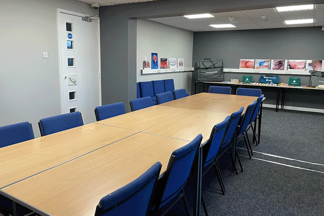Photo showing showing another aspect of the main conference room, showing the display area at one end